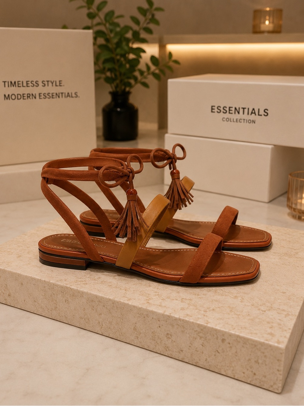 Arezzo Lenny leather flat sandal brown square toe delicate ankle ties tassels